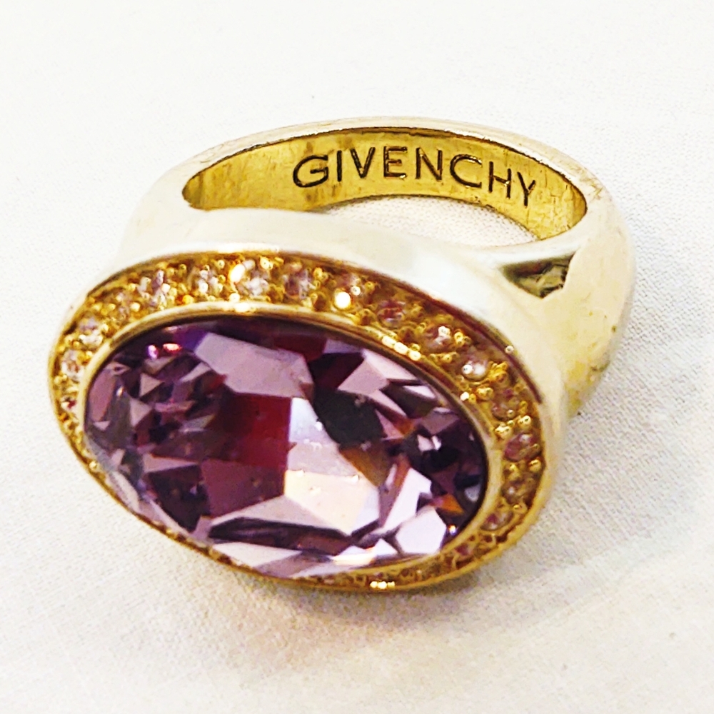 Vintage Y2K Givenchy Oversized Pink Swarovski Crystal Gold Cocktail Ring- Size 8 - Picture 4 of 8